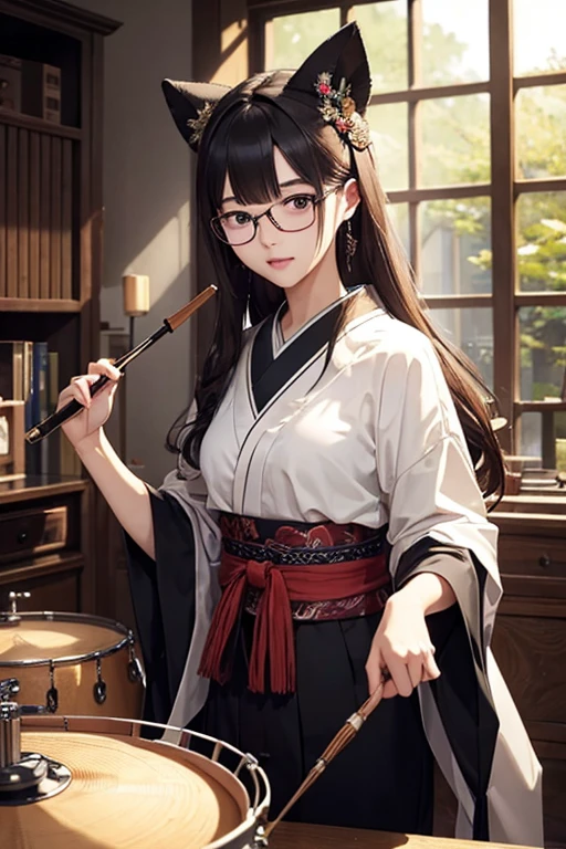 Highest quality、masterpiece、High sensitivity、High resolution、Detailed Description、Slender women、Glasses、Beating Japanese drums、