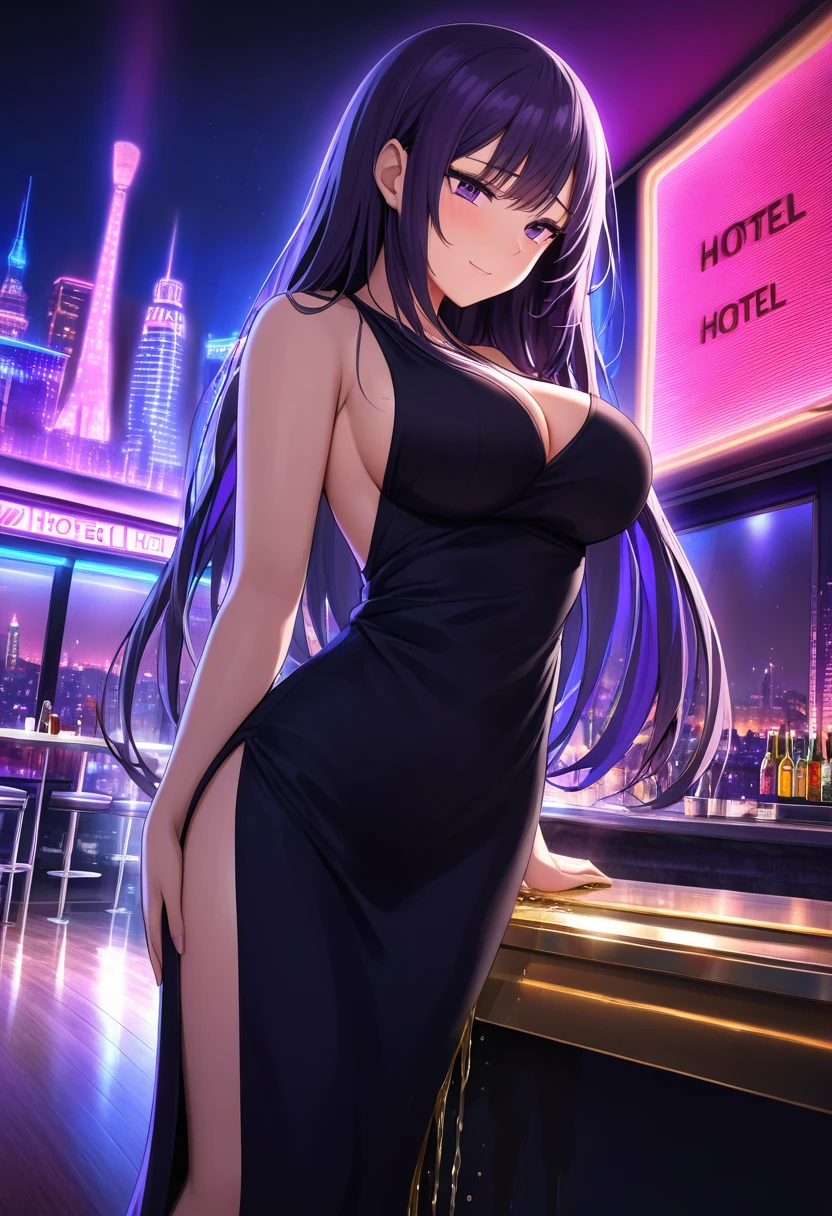 woman, very dark purple hair, purple eyes, long hair, large breasts, very long dress, very tight dress, standing, (wetting herself:1.5), best quality, ultra-detailed, HDR, studio lighting, professional, vivid colors, sharp focus, bokeh, landscape, love hotel, bar counter, night, window, cityscape, colorful city, neon lights, futuristic, science fiction, soft lighting, dynamic shadows, embarrassed, humiliation, blushing, naughty face, seductive expression, facing viewer