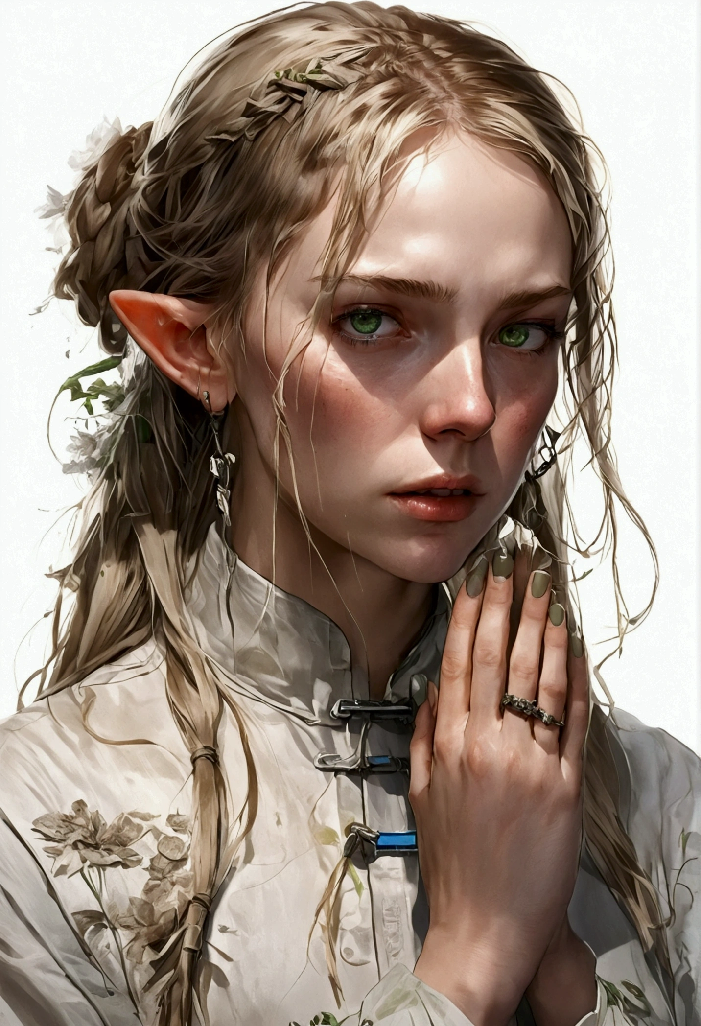 anime. young woman. elf. edge. Pregnant. Infertile pregnancy. edge collar. shackles. Dirty tunic. torn tunic. blonde. long hair. green eyes. beautiful eyes. pointed ears. cold. runny nose. sneeze. sneezes. Snot flows from the nose. Covers nose with hands. Snot flows from the nose onto the palm after sneezing. reductions. sewage. Loss of amniotic fluid after sneezing.. whole body.