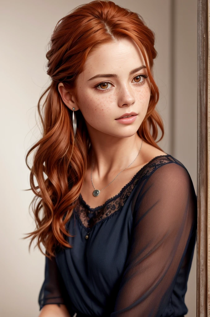 (8k, RAW photo, highest quality),(epic realistic:1.5), a girl, dynamic posture,erotic face, blouse,(detailed eyes:0.8),(looking at the camera:1.4), (highest quality), (best shadow),intricate details,cinematic,((skin:1.4)),interior, (long flowing ginger hair:1.3),dark studio,(hdr:1.5),detailed, muted colors, freckles, silver necklace, silver earring, long flowing wavy hair, smooth hair, hair down, hair pulled back, [[Jenna Coleman]], [[[Kate Beckinsale]]]
