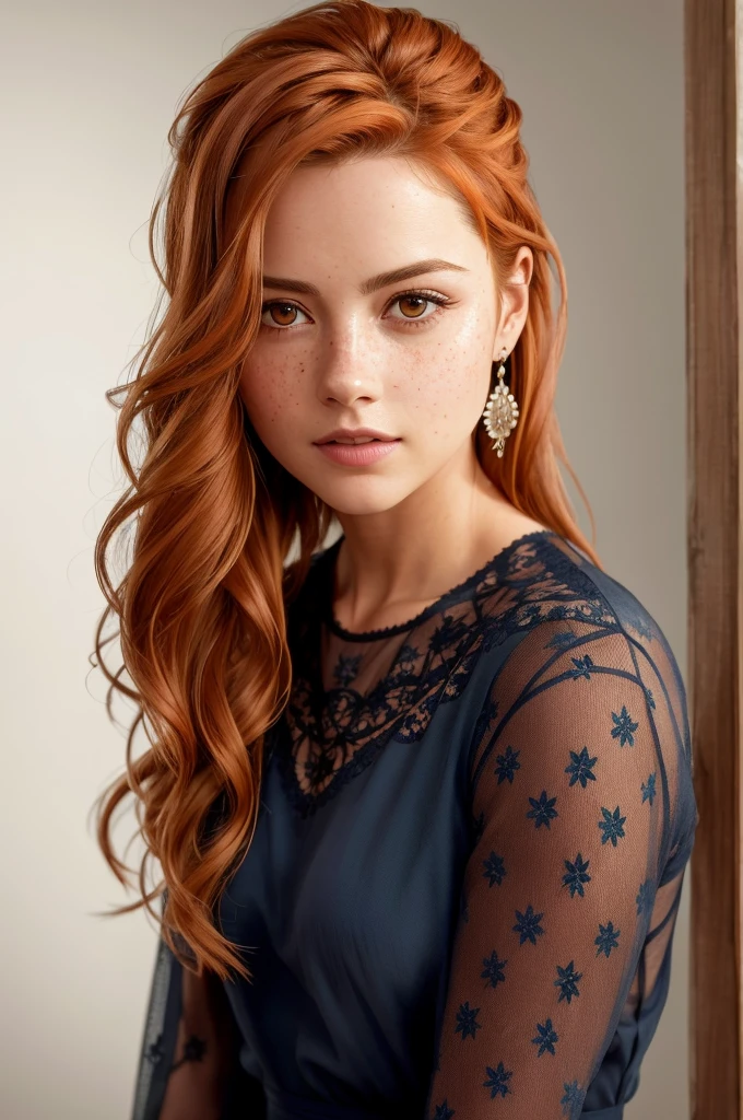 (8k, RAW photo, highest quality),(epic realistic:1.5), a girl, dynamic posture,erotic face, blouse,(detailed eyes:0.8),(looking at the camera:1.4), (highest quality), (best shadow),intricate details,cinematic,((skin:1.4)),interior, (long flowing ginger hair:1.3),dark studio,(hdr:1.5),detailed, muted colors, freckles, silver necklace, silver earring, long flowing wavy hair, smooth hair, hair down, hair pulled back, [[Jenna Coleman]], [[[Kate Beckinsale]]]