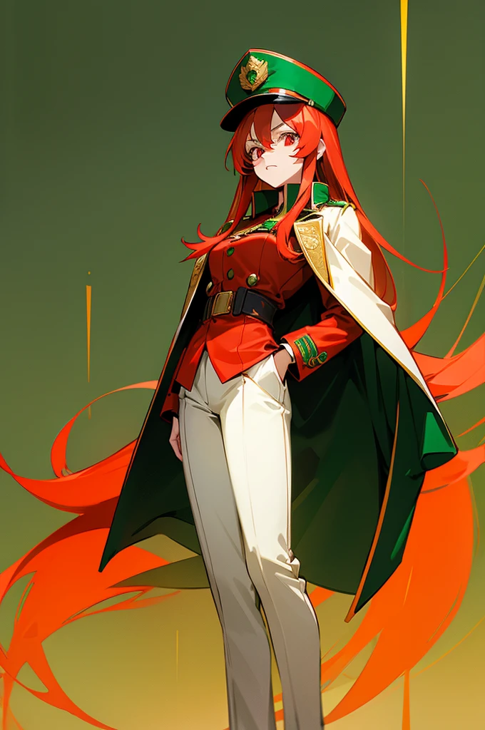 A girl in her late twenties standing 5'10 with long red hair and red eyes wearing a Green Officer's Coat with gold tints and a green and gold Officer's hat standing in a 2D anime art style