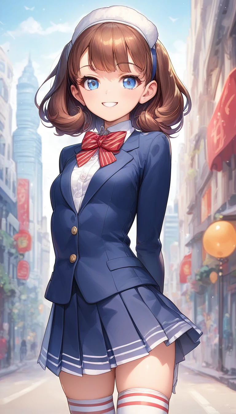 (masterpiece, best quality, very aesthetic, ultra detailed), intricate details, tang keke, small breasts, blue eyes,depth of field, outdoors, city,looking at viewer, cowboy shot, arms behind back, white gloves, legwear, thighhighs, (1girl), (solo), otonokizaka winter uniform, red striped bow tie, blue blazer, blue pleated skirt,from front,cowboy shot, outdoor, smile face,BREAK score_9, score_8_up, score_7_up, score_6_up, source_anime 