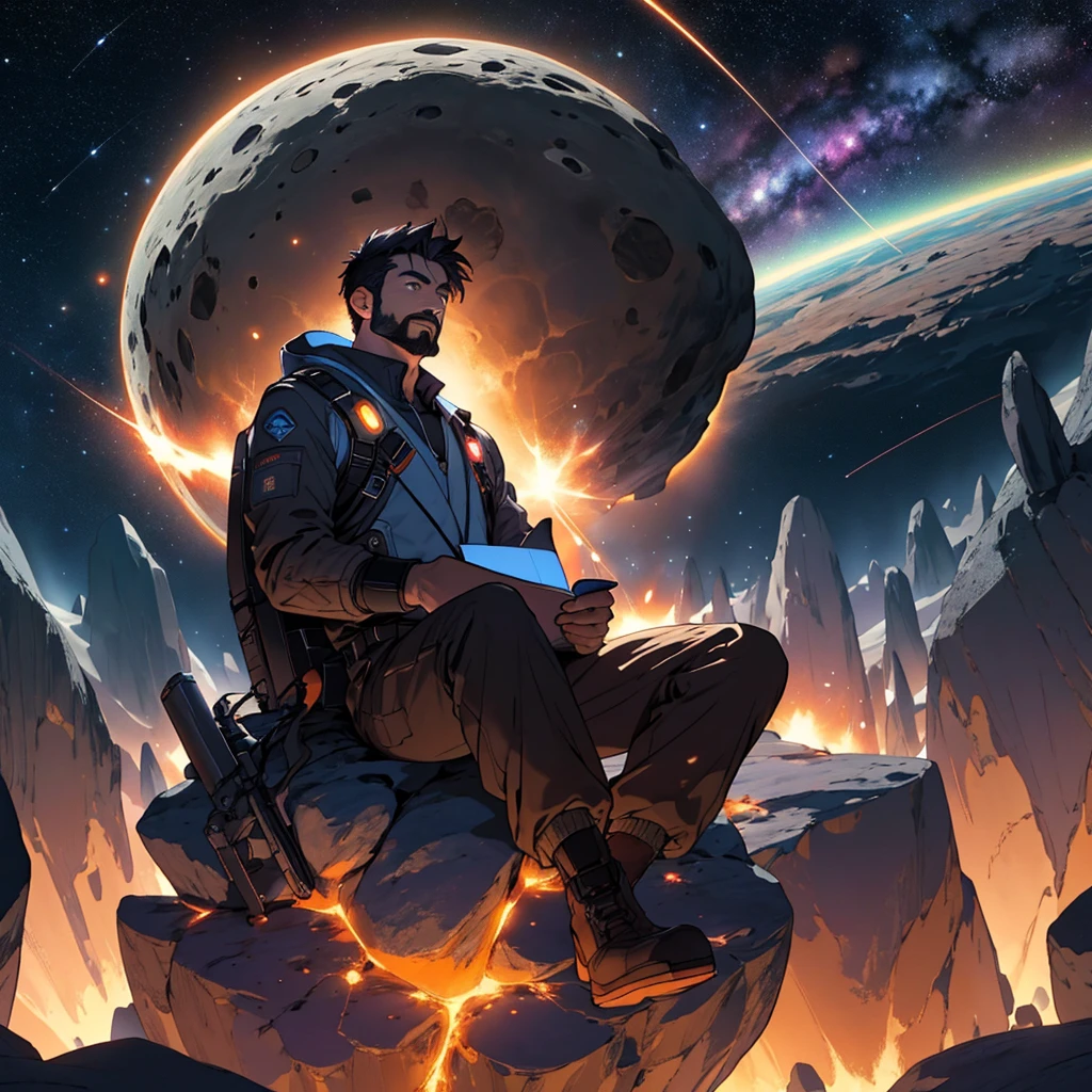 Draw a young programmer, sitting on a research platform floating in the middle of an asteroid belt. He is studying with a notebook, surrounded by several asteroids glowing with fiery auras. Dramatic lighting from distant stars and planets illuminates the scene, casting deep shadows on the suit. The young man looks confident and determined, looking at the vast and mysterious universe with wonder and respect,facial hair, cowboy shot