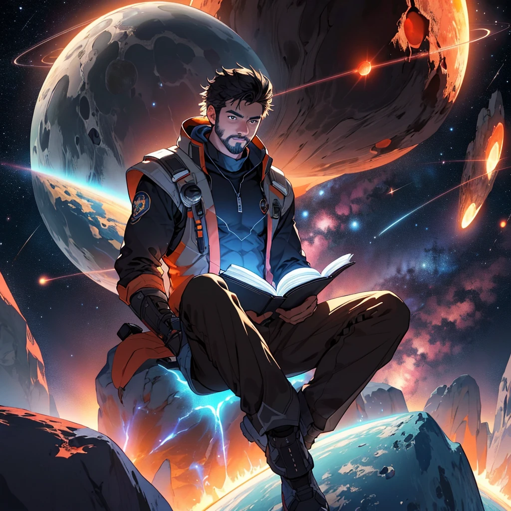 Draw a young programmer, sitting on a research platform floating in the middle of an asteroid belt. He is studying with a notebook, surrounded by several asteroids glowing with fiery auras. Dramatic lighting from distant stars and planets illuminates the scene, casting deep shadows on the suit. The young man looks confident and determined, looking at the vast and mysterious universe with wonder and respect,facial hair, cowboy shot