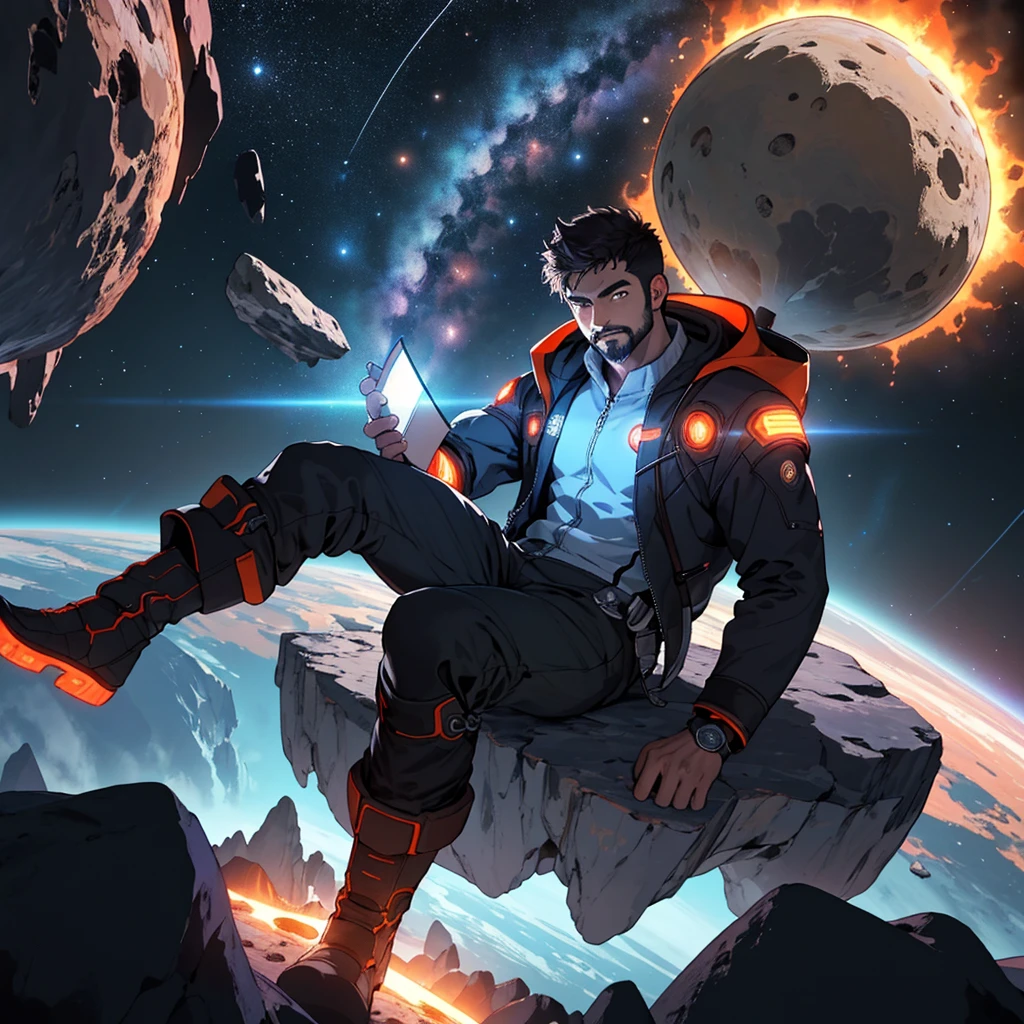 Draw a young programmer, sitting on a research platform floating in the middle of an asteroid belt. He is studying with a notebook, surrounded by several asteroids glowing with fiery auras. Dramatic lighting from distant stars and planets illuminates the scene, casting deep shadows on the suit. The young man looks confident and determined, looking at the vast and mysterious universe with wonder and respect,facial hair, cowboy shot