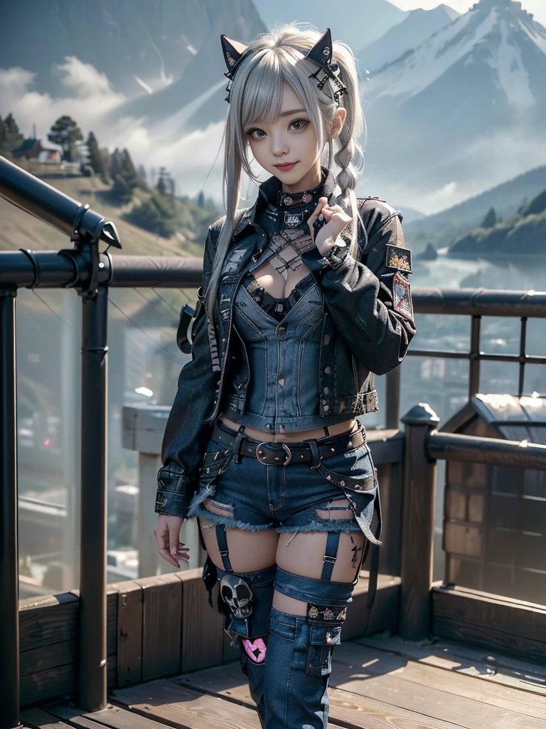 (Beautiful lips and nose:1.4)、(Long eyelashes:1.4)、(Smiling with teeth showing:1.3),(Shibuya Gal:1.5)、(Gothic ta delicately decorated dress:1.5)、(Tattered denim and black punk rock cargo pants:1.5)、(Denim and black navy skull mark small jacket:1.4)、(denim garter belt:1.5)、(Black and denim knee socks:1.3)、(Skull Silver Accessories:1.5)、(Denim collar:1.3)、(Brown Skin Belt:1.4)、(Brown boots:1.2)、(The underwear is striped:1.4)、31 years old、((Highest quality、In 8K、masterpiece:1.3))、Sharp focus:1.2、(Layered Cut、Huge boobs:1.1),Beautiful woman with perfect figure:1.4、(Dancing vigorously:1.3)、Slender Abs:1.2、Highly detailed face and skin texture、Detailed eyes、double eyelid,(Twin tails:1.3)、(Cream colored hair:1.3)、Gravure idol、(The background is a vast mountain with a clear view々Beautiful luxury resort destination in Europe:1.3)、(Slim Body:1.2),(Make your legs thinner:1.4),(clavicle:1.1)