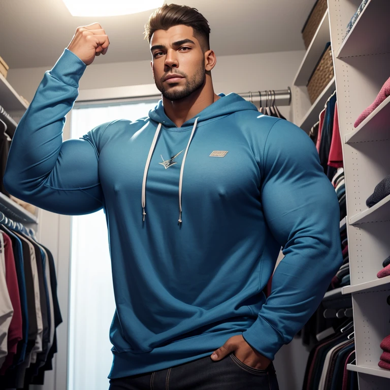 a very handsome young man, massively muscular, with massively large muscles, with massively large biceps, with massively large arms, massively tall, wearing a blue sweatshirt with long sleeves, in a very tight closet, he is so tall that it barely fits in the closet, its back hits the ceiling of the closet, seen from very low