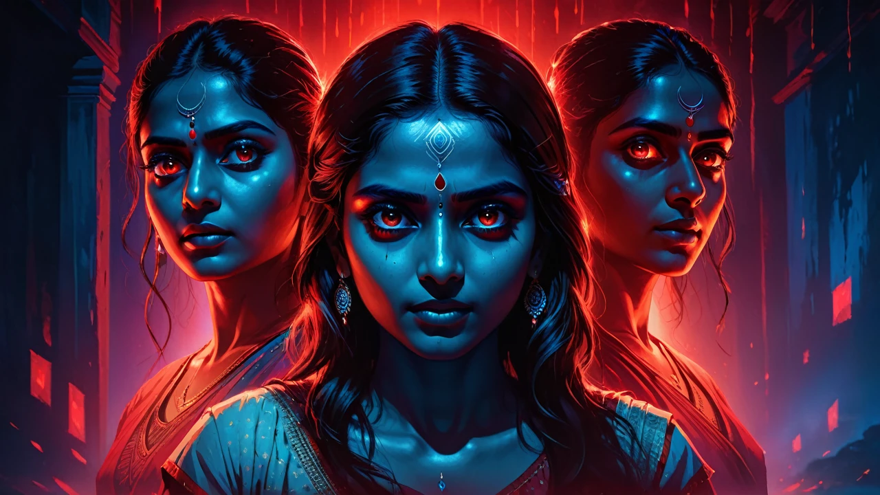 a digital illustration of multiple head of indian girl and man in one body, glowing eyes, red and blue lighting, horror ambience, thriller,