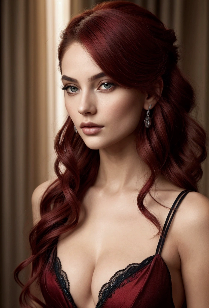 A mesmerizing woman with cascading hair dye red, her piercing gaze captivating the onlooker. Her curves are elegantly accentuated by the interplay of light and shadow. This stunning portrait, likely a photograph, portrays a sense of confidence and allure. The rich texture of her hair, the intensity of her eyes, and the subtle play of light on her figure all combine to create a truly breathtaking image of timeless beauty.