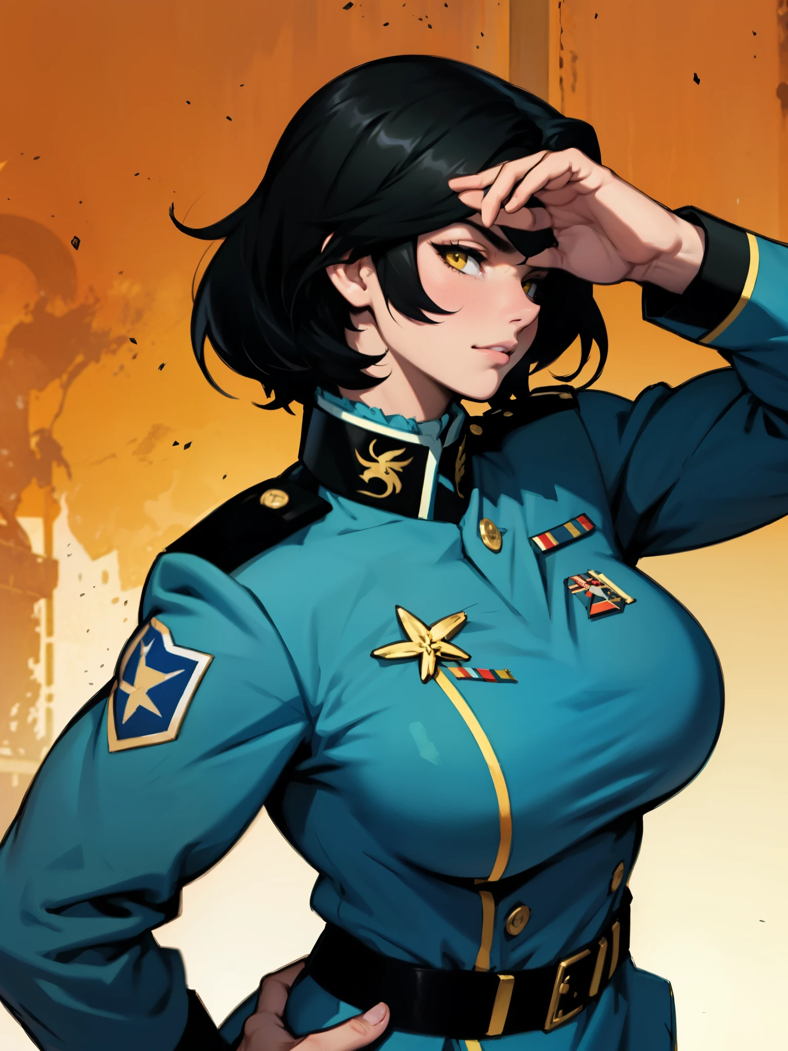 joyful saluting gesture saluting gesture black hair yellow eyes pale skin muscular girl massive breasts military uniform