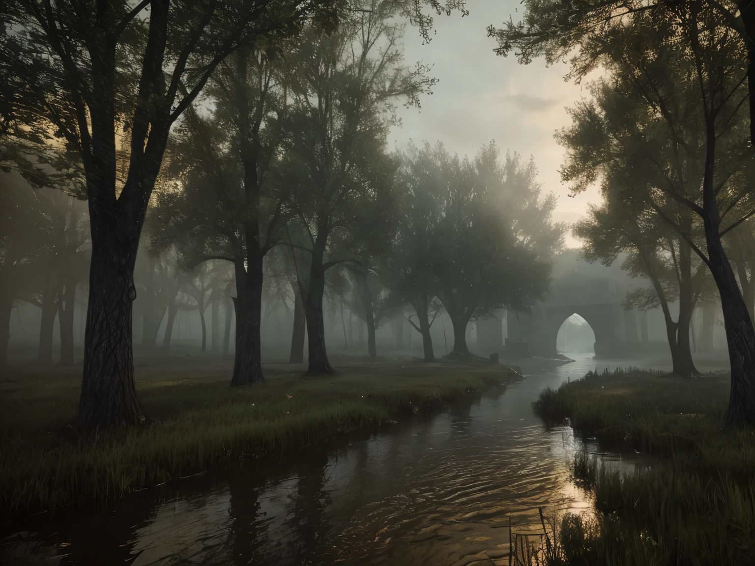 8k, 8 k, masterpiece, best quality, realistic, higly detailed, landscape, medieval, dark swamp, creepy atmosphere, dungeon entrance