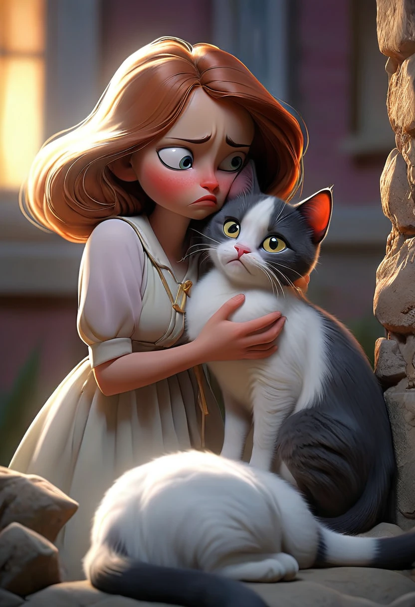 The Dawn"A sorrowful scene at dawn. A gorgeous woman looking at lifeless baby cats and then at the normal cat, her face filled with sorrow and disbelief."