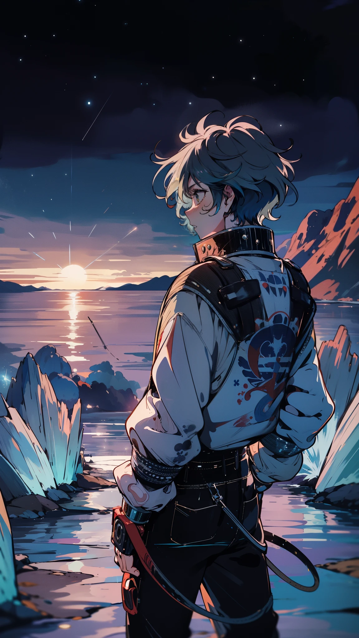 (high quality), (masterpiece), (detailed), 8K, Dusk settles over (crystalline plateau1.3), character stands at edge, feeling ancient power pulsing beneath their feet. Surface sparkles with refracted light, serene yet powerful atmosphere akin to (otherworldly dinner1.2) for the senses. (high quality), (masterpiece), (detailed), 8K, Anime style character with (cool and edgy tattoos1.3), dressed in (fashionable clothing1.2), posing confidently. Expression fierce, stylish accessory coiled around arm. Thicker outlines emphasize striking, modern fashion, vibrant palette enhances scene. ((boy)) 