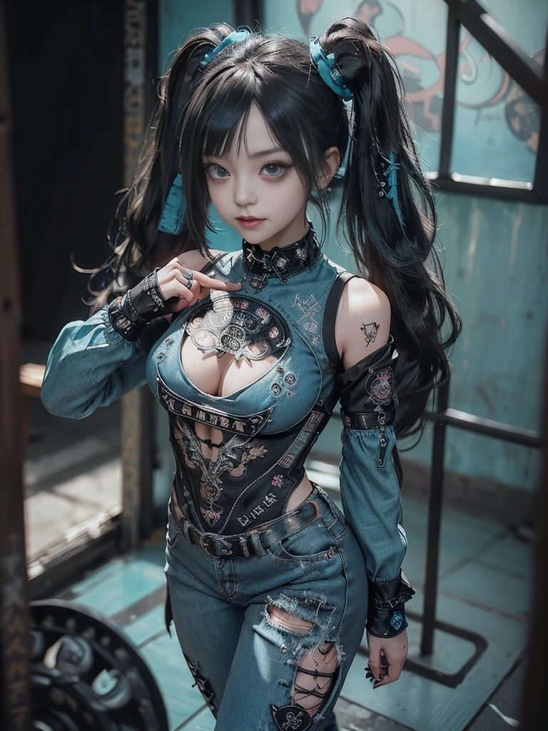(Full Body View:1.2)、(Full body:1.3)、(Smiling with teeth showing:1.3),(Shibuya Gal:1.5)、(Gothic ta style fashion:1.5)、(Punk RockVisual Kei:1.5)、(Wearing a rhythmic gymnastics bodysuit with intricate details:1.4)、(Racing suit and pants with intricate turquoise, denim and charcoal decorations:1.5)、(Denim and light blue and turquoise boots:1.3)、((belt))、(Numerous delicate logo marks all over the costume:1.4)、(collar:1.3)、(Polka dot underwear:1.5)、20-year-old、NSFW、((Highest quality、In 8K、masterpiece:1.3))、Sharp focus:1.2、(Layered Cut、Huge boobs:1.1),Beautiful woman with perfect figure:1.4、(do a gravure pose:1.3)、Slender Abs:1.2、Highly detailed face and skin texture、Detailed eyes、double eyelid,(Twin tails:1.3)、(Black brown hair:1.3)、Gravure idol、(The background is the stage of the fashion show:1.3)、(Slim Body:1.3),(Make your legs thinner:1.4),(clavicle:1.1)