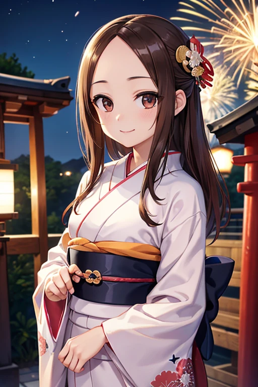 Takagi-san、Shiny brown hair, Long Hair,Forehead、Center part、 Beautiful brown eyes、smile、Sparkling eyes, (fine grain)、Very fine eye、Highly detailed face, Highly detailed eyes,


(masterpiece:1.3, Highest quality, 超High resolution, Super detailed), Cowboy Shot、 One woman，Highest quality, masterpiece, High resolution, 

Highest quality、Tabletop、超High resolution、、(Thin eyebrows:0.2)、(Thin lips:0.8)、Without makeup、Japanese、
Updo、（Colorful yukata:1.2)、(Lightweight kimono:1.3)、(Japan kimono obi:1.2)、smile、(Perfect body:1.2)、Dynamic Pose、Fireworks Background、Shrine Background、Night Background、By Michelangelo、Urzan-6500-v1.1
