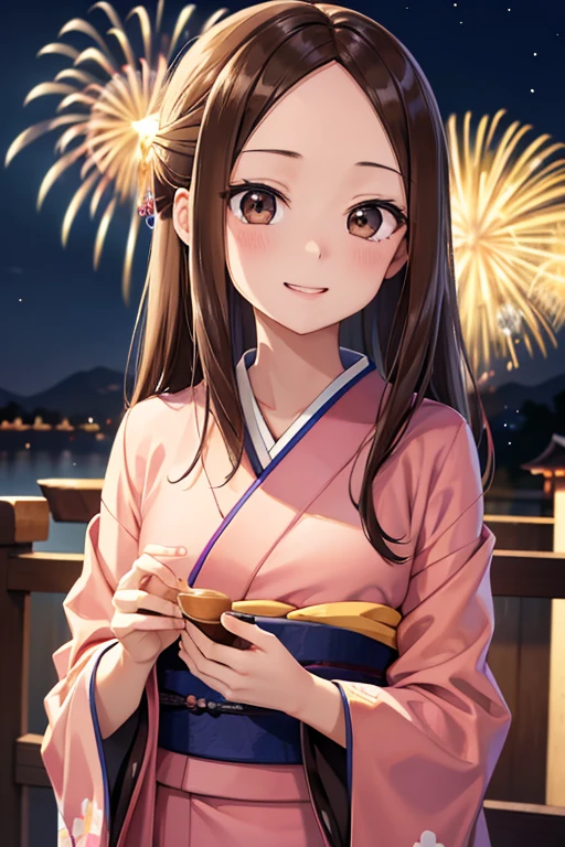 Takagi-san、Shiny brown hair, Long Hair,Forehead、Center part、 Beautiful brown eyes、smile、Sparkling eyes, (fine grain)、Very fine eye、Highly detailed face, Highly detailed eyes,


(masterpiece:1.3, Highest quality, 超High resolution, Super detailed), Cowboy Shot、 One woman，Highest quality, masterpiece, High resolution, 

Highest quality、Tabletop、超High resolution、、(Thin eyebrows:0.2)、(Thin lips:0.8)、Without makeup、Japanese、
Updo、（Colorful yukata:1.2)、(Lightweight kimono:1.3)、(Japan kimono obi:1.2)、smile、(Perfect body:1.2)、Dynamic Pose、Fireworks Background、Shrine Background、Night Background、By Michelangelo、Urzan-6500-v1.1