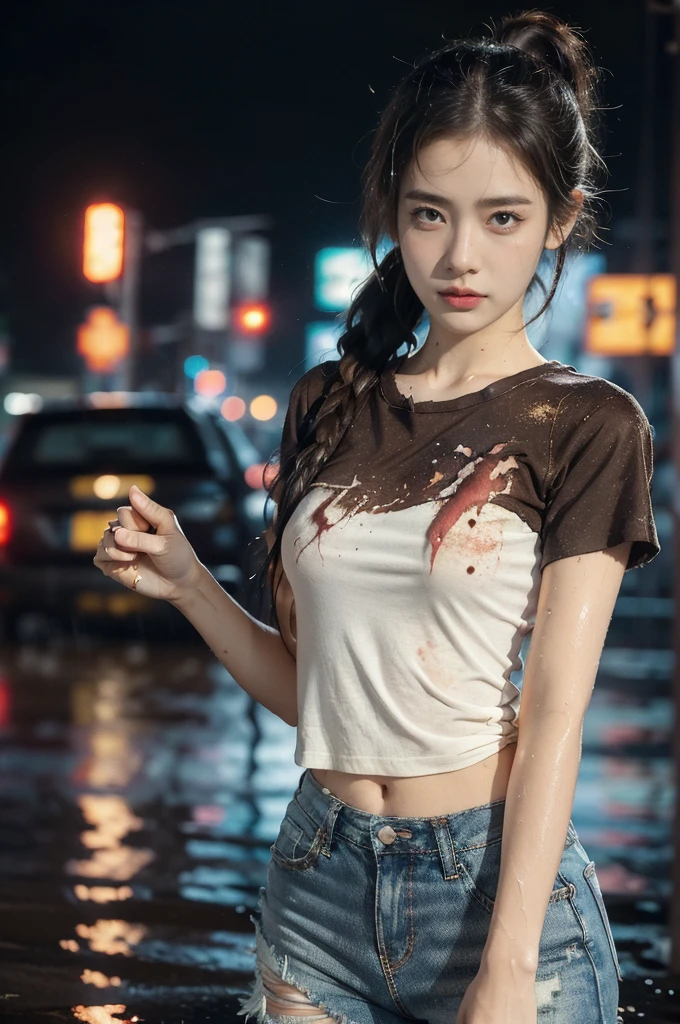 (((best quality))),(((ultra detailed))),(((masterpiece))),illustration,((1 beautiful girl,solo)),(short ponytail:1.2),((sweat,wet)),((slim,thin)),((small breasts,flat chest)),(torn brown short-sleeved shirt:1.3),(torn brown pants:1.2),(standing:1.3),(cyberpunk city:1.3), underwater, summer downpour, mud-covered, street corner, resilience, fierce determination,vibrant colors,(Brown stains splattered:1.3),city chaos, marks,muck, neon lights, flooded streets, towering buildings,(pounding rain:1.3), distressed structures, determination, survival, vision, madness,(night scene:1.3),((from front,upper body))