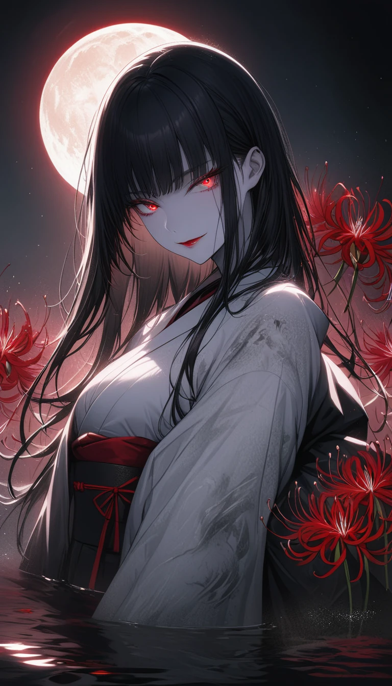 Black, white and red spider lilies in full bloom illuminated by the light of the full moon,A light-colored kimono that is so thin it is almost transparent,Beautiful long straight black hair,Red lipstick,A mysterious and seductive smile,Pale skin,Standing by the water,Take off your kimono and put your shoulders out