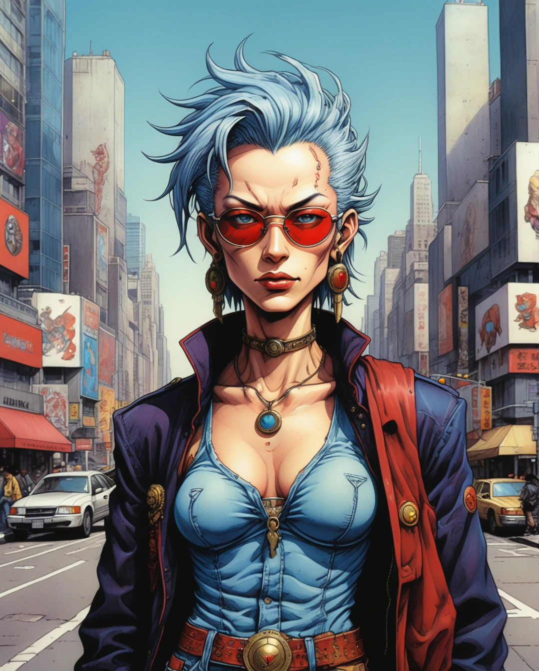 Mobis (Jean Giraud) Style - A picture by Jean Giraud Mobis, ((90's anime style)), ultra detailed illustration of jinx from league of legends, with shield in New York 1990s ((art by Masakazu Katsura)), trigun, DNA², Ranma, ultra detailed face, bold ink lines, cel shaded, art by MSchiffer, soft muted colors, lomography colors, vintage warm, dark vignette 