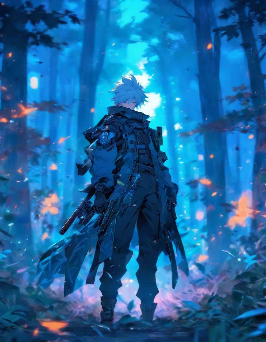 white hair-blue eyes anime boy with a gun in a forest, frontline boy, de Arknights, Artgerm and Atey Ghailan, anime rudo 8K, guweiz style artwork, manga wallpaper 4k, genshin impact keqing, guweiz, trend on artstation pixiv, trigger anime art style