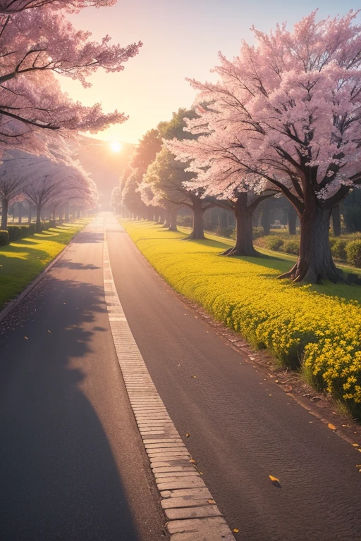 (Best Quality,8k,High resolution,masterpiece:1.2),ultra detailed,Sunset,the avenue lined with cherry blossoms, The beautiful yellow rapeseed flowers on the shore., The current, the breeze, butterflies fly,