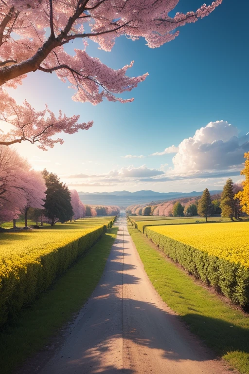 (Best Quality,8k,High resolution,masterpiece:1.2),ultra detailed,Sunset,the avenue lined with cherry blossoms, The beautiful yellow rapeseed flowers on the shore., The current, the breeze, butterflies fly,