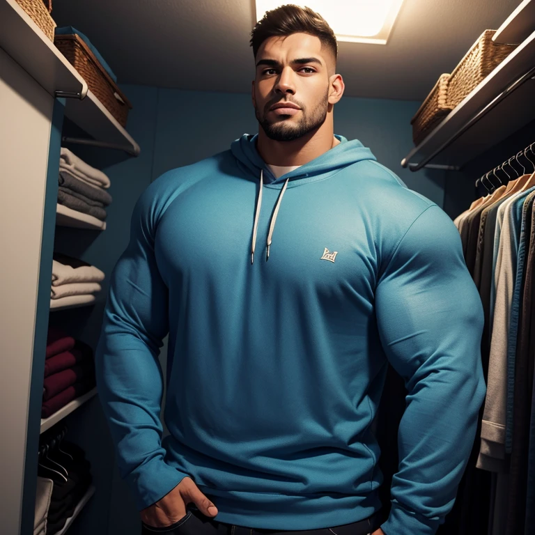 a very handsome young man, massively muscular, with massively large muscles, with massively large biceps, with massively large arms, wearing a blue sweatshirt with long sleeves, in a very cramped closet, he is so large and muscular that he almost does not fit in the closet, seen from very close up