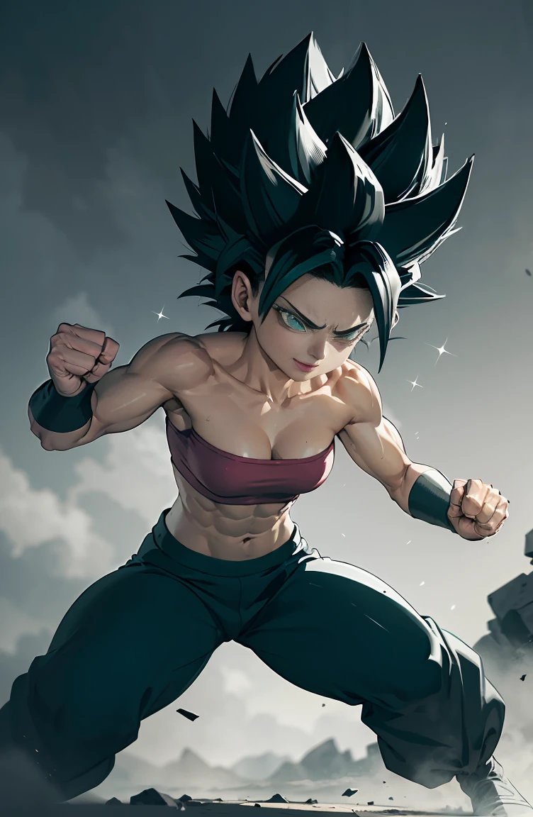 the female character Caulifla in a dynamic and powerful pose. Caulifla is a strong and muscular Saiyan, Known for her confident and defiant attitude. She has an athletic and muscular physique, demonstrating strength and agility. (medium bust), Your skin is white, ((and its eyes are large black and expressive black)), that convey determination and courage. ((eyes black)).
((Caulifla&#39;s hair is a striking feature: It&#39;s black hair, spiky and rises into jagged peaks)). ((She wears a set of traditional Saiyan combat clothing., consisting of a short red top that shows off her defined abdomen and long purple pants)). Complete the look with brown combat boots.
Add details like dark gray metal bracelets on both wrists.. Your expression should be fierce and confident, with a defiant smile on his face. The pose should reflect your combative personality, perhaps with a raised clenched fist or a stance ready to attack.
The background could be a battle scene, like a rocky training ground or a destroyed arena, with debris and dust in the air, further highlighting the intensity of the character. Lighting should be dramatic, with shadows accentuating his muscles and the sparkle in his eyes reflecting his energy and determination.