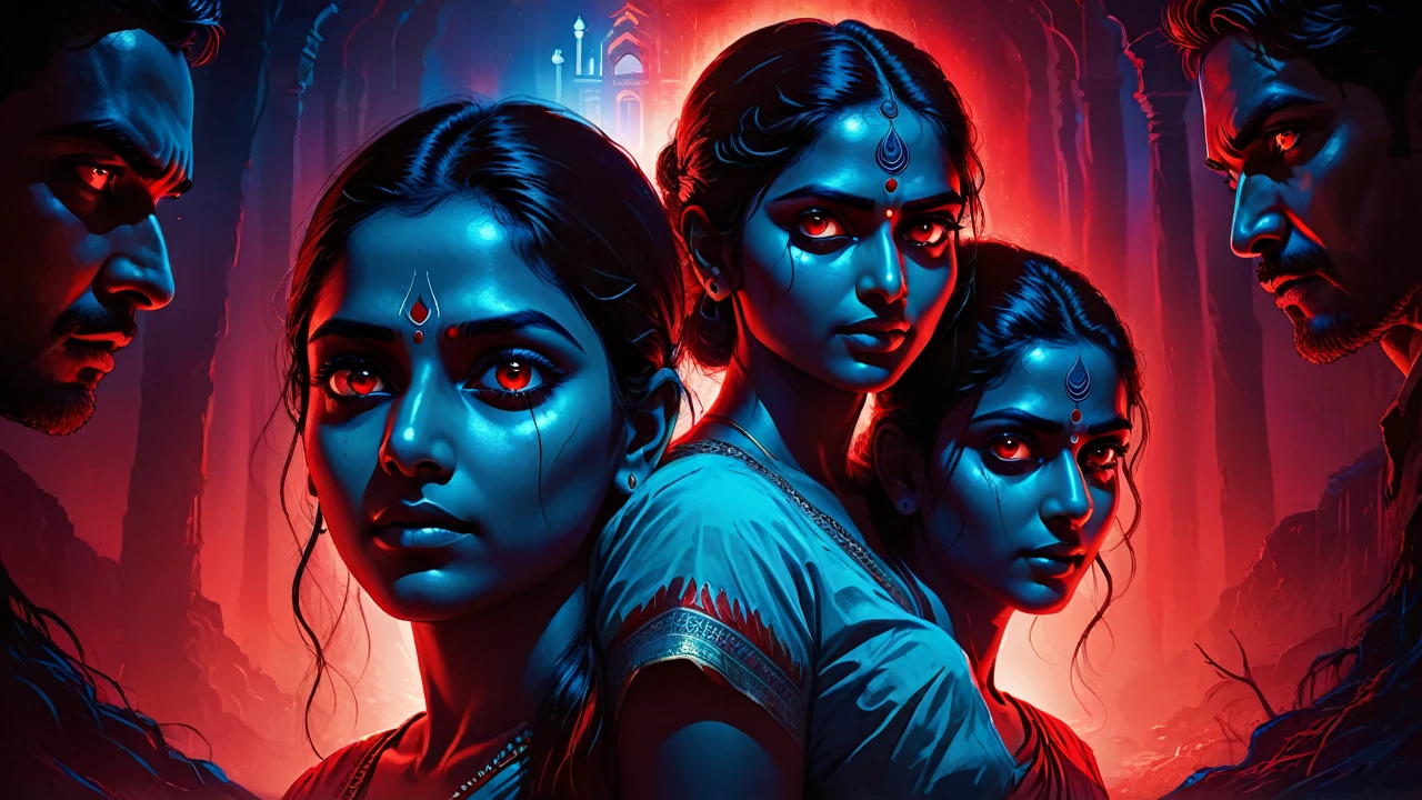 a digital illustration of multiple head of indian girl and man in one body, glowing eyes, red and blue lighting, horror ambience, thriller,
