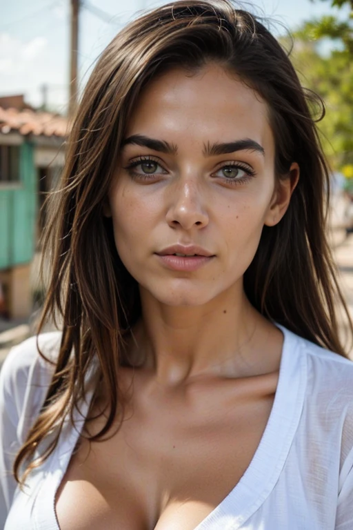 Best quality, Professional photo portrait, Ultra detailed, 8 K, Close-up , Beautiful 23-year-old girl, looks straight into the camera , Standing right in front of the camera , Model appearance, ideal body shape , perfect proportions , detailed skin, Long dark hair , detailed big eyes, Sweet look , lush lips, open mouth , Big Breasts 3+ Size, breasts are clearly visible in the frame , beautiful breast shape , neckline , split, wear a white thin robe
