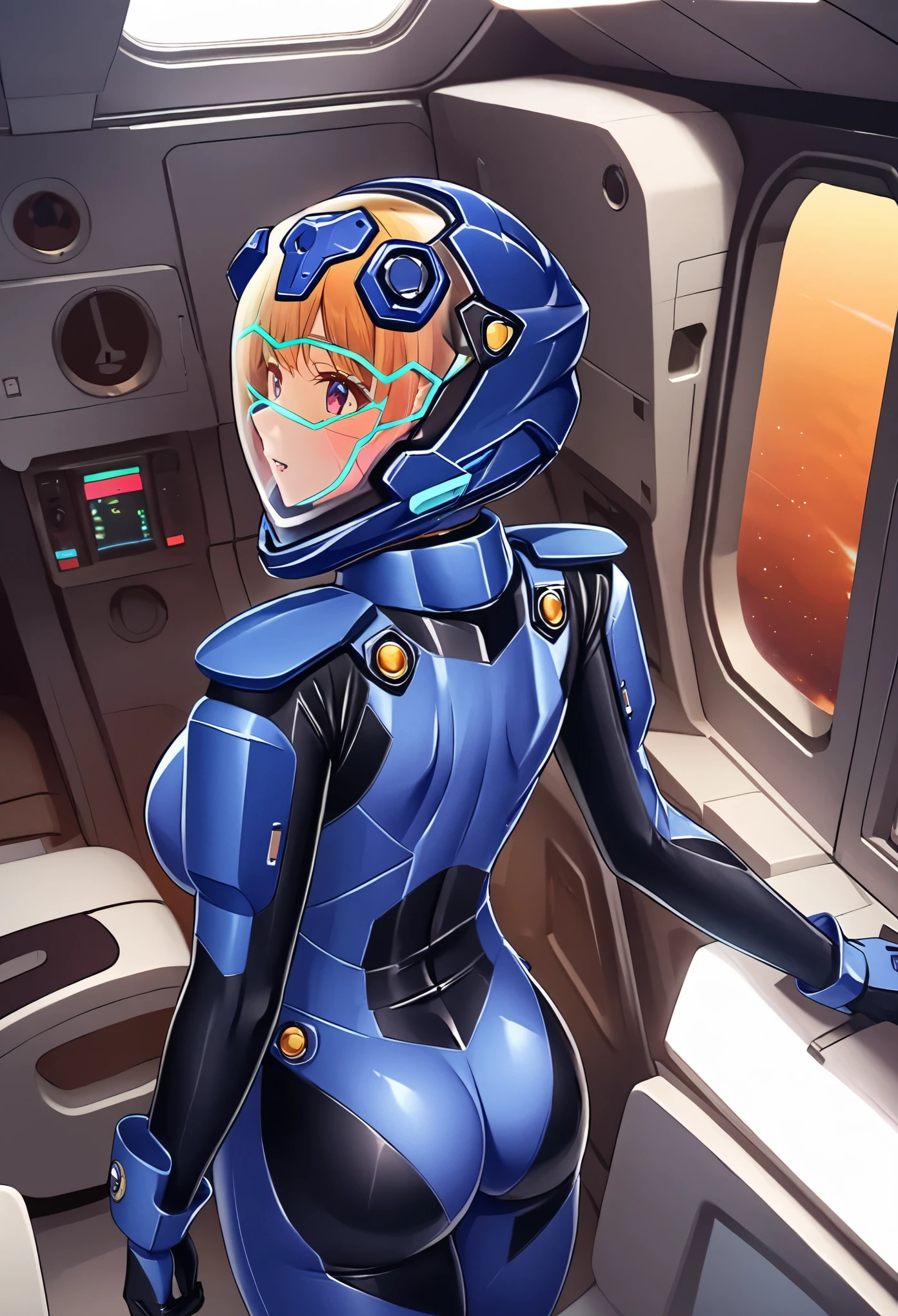 ((Female pilot in the cockpit of a reconnaissance plane), (airplane cockpit), (in flight), (10000 feet altitude)、(sky view):1.7),, short hair, street, emo, BLACK hair, white eyes, eyeliner, apocalypse, 2girl, nside the (cockpit:1.9) of a (futuristic spaceship:1.6), , blush covered navel, space helmet, muvluv, space helm, plug suit , space helmet, eva helm, space suit, short hair,  blue bodysuit, visor helmet, from behind