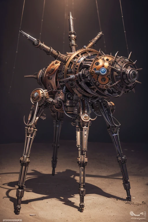 Mechanical Spider creature, gears, wires, metal plating, clock gears, electric wires, eight mechanical limbs, industrial body, metal skin, electricity, detailed face features, eight bronze light eyes, copper tubing, steam powered, photorealistic, 8k, high resolution, 