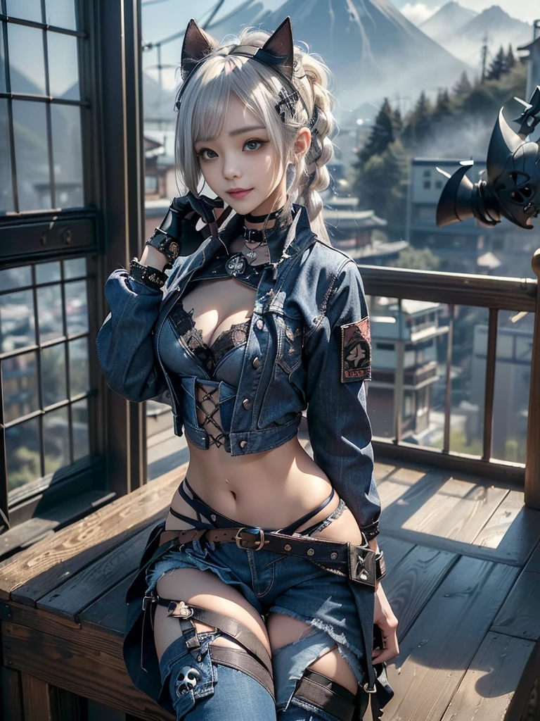 (Beautiful lips and nose:1.4)、(Long eyelashes:1.4)、(Smiling with teeth showing:1.3),(Shibuya Gal:1.5)、(Gothic ta delicately decorated dress:1.5)、(Tattered denim and black punk rock cargo pants:1.5)、(Denim and black navy skull mark small jacket:1.4)、(denim garter belt:1.5)、(Black and denim knee socks:1.3)、(Skull Silver Accessories:1.5)、(Denim collar:1.3)、(hair band:1.3)、(Brown Skin Belt:1.4)、(Brown boots:1.2)、(The underwear is striped:1.4)、31 years old、((Highest quality、In 8K、masterpiece:1.3))、Sharp focus:1.2、(Layered Cut、Huge boobs:1.1),Beautiful woman with perfect figure:1.4、(Dancing vigorously:1.3)、Slender Abs:1.2、Highly detailed face and skin texture、Detailed eyes、double eyelid,(Twin tails:1.3)、(Cream colored hair:1.3)、Gravure idol、(The background is a vast mountain with a clear view々Beautiful luxury resort destination in Europe:1.3)、(Slim Body:1.2),(Make your legs thinner:1.4),(clavicle:1.1)