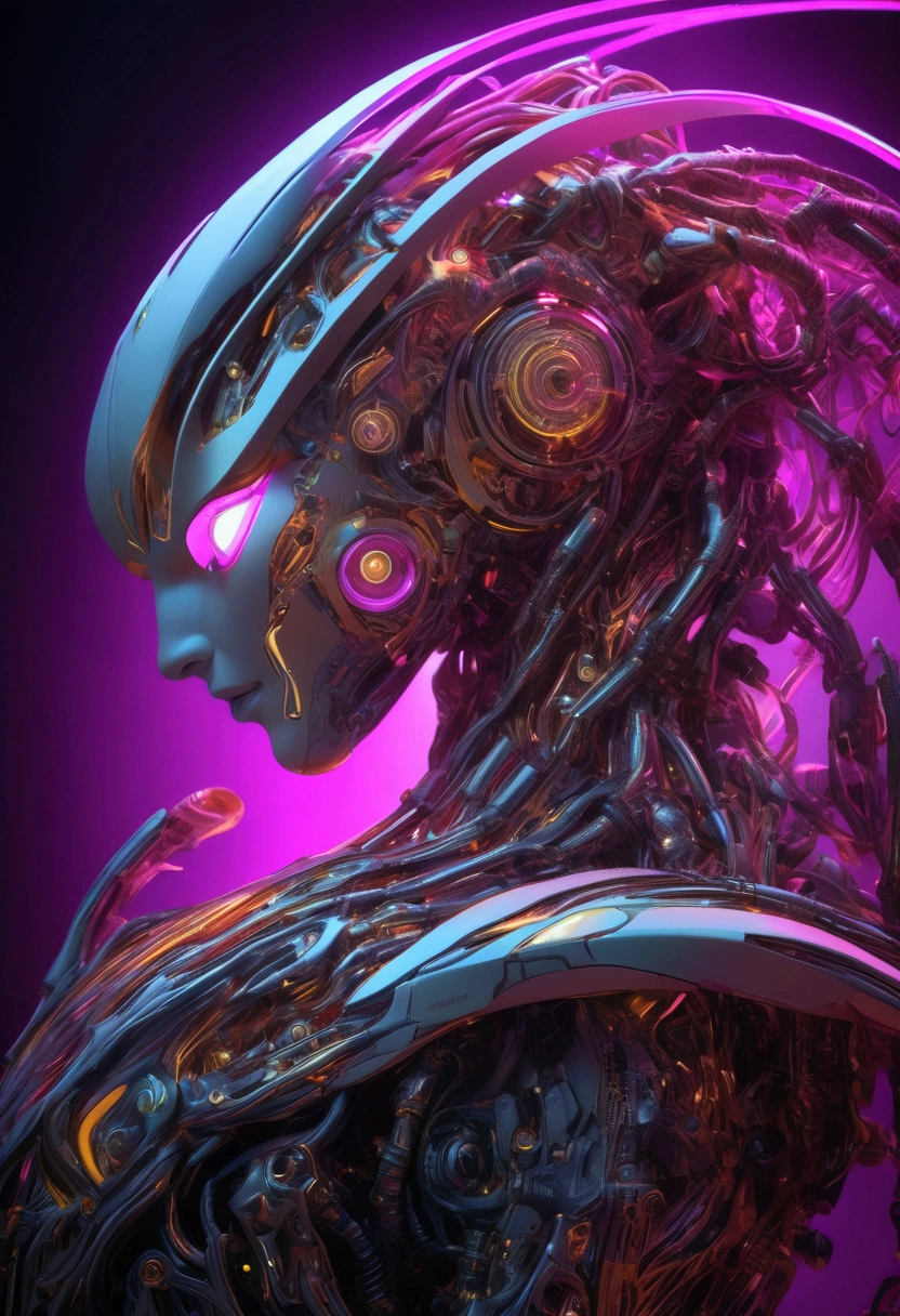 (Mechanical Creature:1.2), in the style of neon lights, studio photography, lithograph, photo taken with provia, sharpen lens, sombre, captivating chiaroscuro, dynamic movement, full body, award-winning, cinematic still, emotional, vignette, dynamic, vivid, (masterpiece, best quality, photorealistic, Professional, perfect composition, very aesthetic, absurdres, ultra-detailed, intricate details:1.3)
