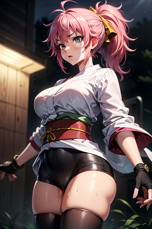 masterpiece, Highest quality, Unreal Engine, Super Resolution, Very detailed,
Beautiful woman, machi, short kimono, ((no hurisode)), obi, sash, fingerless gloves, bike shorts, thighhighs, tabi, ponytail,hair_ornament, Vivid expression, Healthy Body, Smooth skin texture, Carefully drawn,
(humidity:1.5), Beautiful Eyes, (Attractive face:1.2), (Beautiful Skin), Tight waist, (Big Breasts), (Sticky with sweat), Dynamic pose,
In the world of Hunter Hunter, Outdoor, Slums at night,