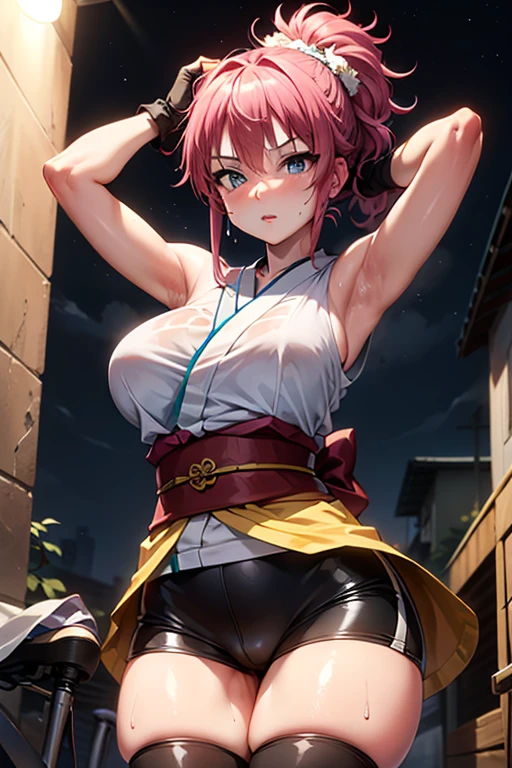 masterpiece, Highest quality,  Unreal Engine,  Super Resolution, Very detailed, 

Beautiful woman, machi, short kimono, ((no hurisode)), obi, sash, fingerless gloves, bike shorts, thighhighs, tabi, ponytail,hair_ornament, Vivid expression, Healthy Body, Smooth skin texture, Carefully drawn, 

(humidity:1.5), Beautiful Eyes, (Attractive face:1.2), (Beautiful Skin), Tight waist, (Big Breasts), (Sticky with sweat), Dynamic pose, 

In the world of Hunter Hunter, Outdoor, Slums at night,