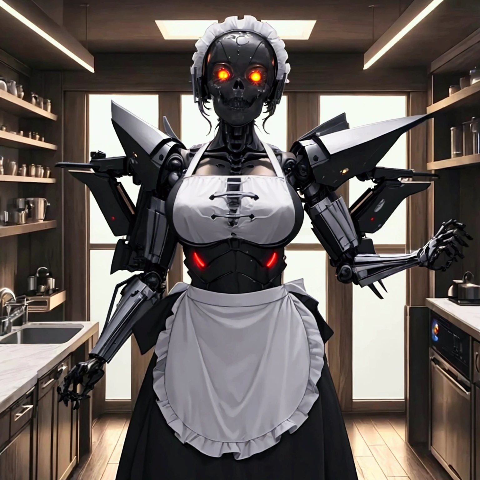 score_9,(best quality,4k,8k,highres,masterpiece:1.2), kitchen, skeleton, cyborg, maid, maid apron, glowing eyes, ultra-detailed,vivid colors,mecha,