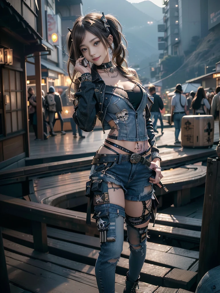 (Beautiful lips and nose:1.4)、(Long eyelashes:1.4)、(Smiling with teeth showing:1.3),(Shibuya Gal:1.5)、(Gothic ta delicately decorated dress:1.5)、(Tattered denim and black punk rock cargo pants:1.5)、(Denim and black navy skull mark small jacket:1.4)、(denim garter belt:1.5)、(Black and denim knee socks:1.3)、(Skull Silver Accessories:1.5)、(Denim collar:1.3)、(Brown Skin Belt:1.4)、(Brown boots:1.2)、(The underwear is striped:1.4)、31 years old、((Highest quality、In 8K、masterpiece:1.3))、Sharp focus:1.2、(Layered Cut、Huge boobs:1.1),Beautiful woman with perfect figure:1.4、(Dancing vigorously:1.3)、Slender Abs:1.2、Highly detailed face and skin texture、Detailed eyes、double eyelid,(Twin tails:1.3)、(Brown-golden hair:1.3)、Gravure idol、(The background is a vast mountain with a clear view々Beautiful luxury resort destination in Europe:1.3)、(Slim Body:1.2),(Make your legs thinner:1.4),(clavicle:1.1)
