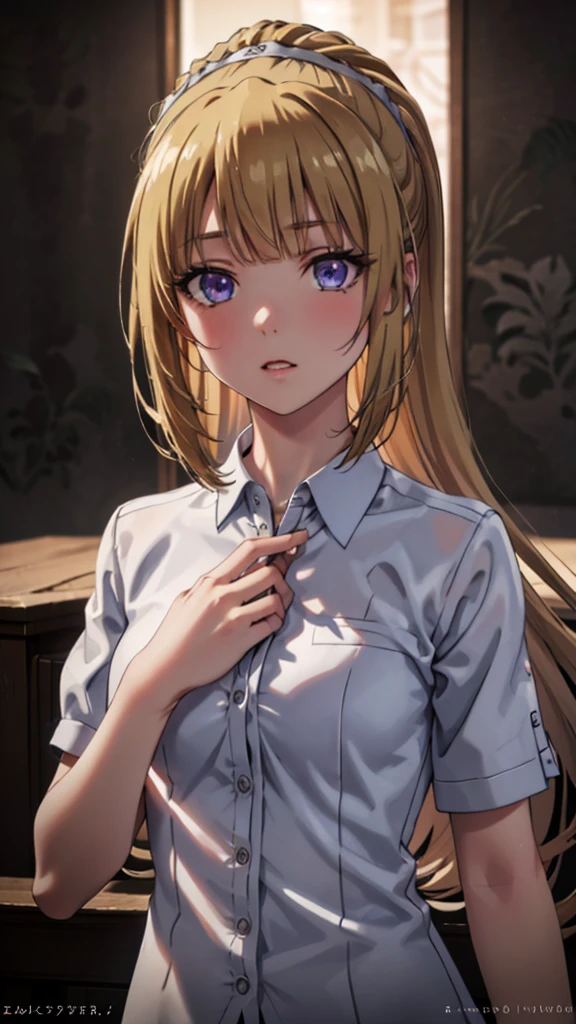 (masterpiece, best quality, absurdres), high quality, highres, ultra detailed, intricate, cinematic lighting, wallpaper, soft lighting, cowboy shot, full shot, looking at viewer, upper body, parted lips, 1 girl, kei Karuizawa, blonde hair, bangs, long ponytail , detailed violet eyes, ((Super Realistic Detailed Eyes, glowing eyes)), 20yo,beautiful face, sharp focus,black business suit