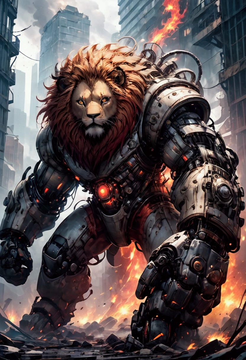  image of a mechanical beast with the features of a lion, characterized by intense anger and a red fire theme. The creature should have a combination of metallic and robotic parts, a flowing mane made of both hair and mechanical elements, fierce lion eyes that glow with red fire, and a powerful lion's body. Surround it with the ruins of a modern city, with crumbling skyscrapers and broken infrastructure. Red flames and smoke should billow around the creature, creating a dynamic and fierce appearance. The fire should be vibrant and aggressive, and the fog should add a sense of mystery and danger. Include detailed mechanical textures and glowing elements to enhance the fiery and foggy atmosphere, with the city ruins adding to the post-apocalyptic feel