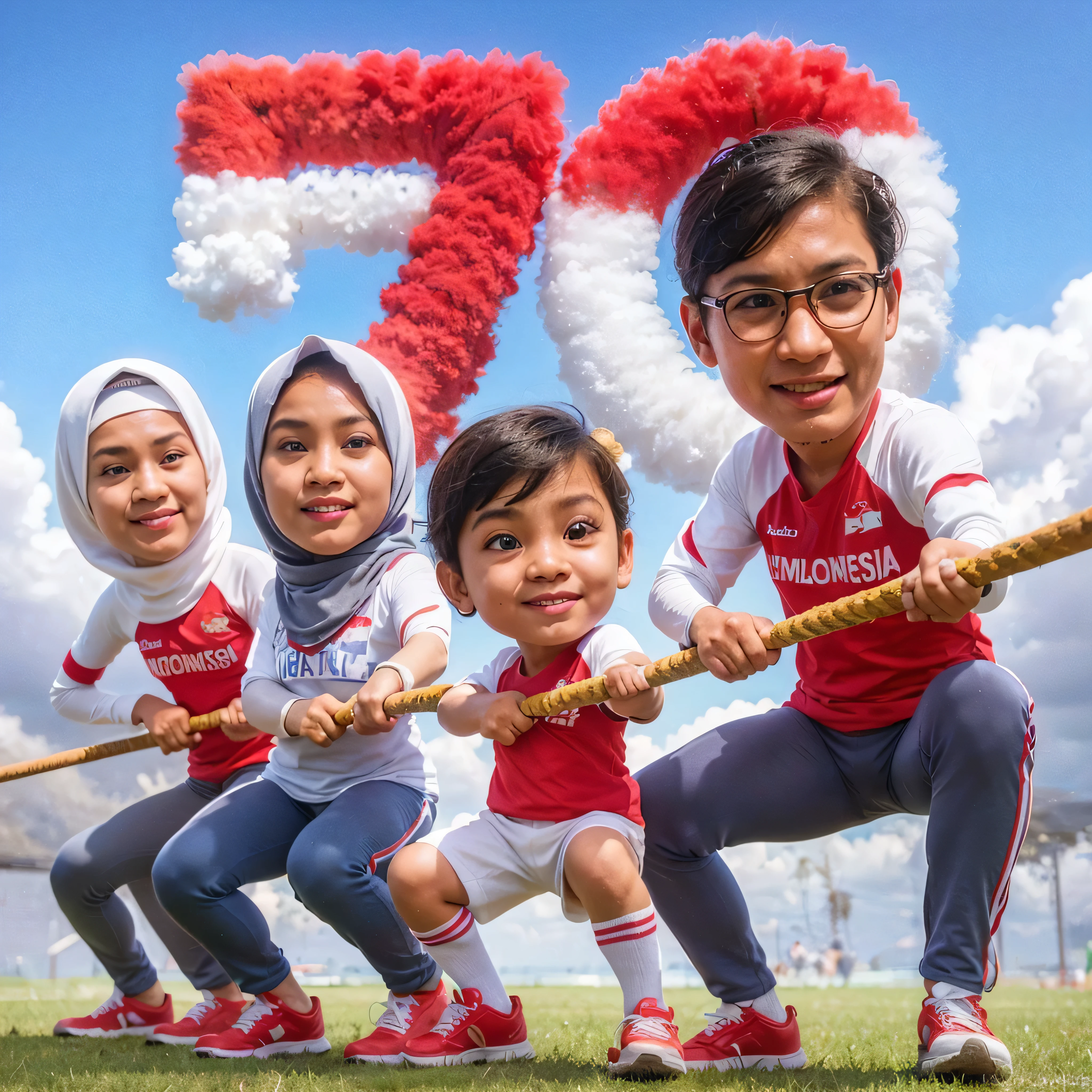 4D Realist Caricature of a 4 year old native Indonesian boy with neat short hair, and a beautiful 12 year old Indonesian woman wearing a hijab, wearing sports clothes, taking part in a tug of war competition, in the sky there is the writing "Indonesia 79th" made of red and white smoke like the colors of the Indonesian flag, the background must be a cloudy sky