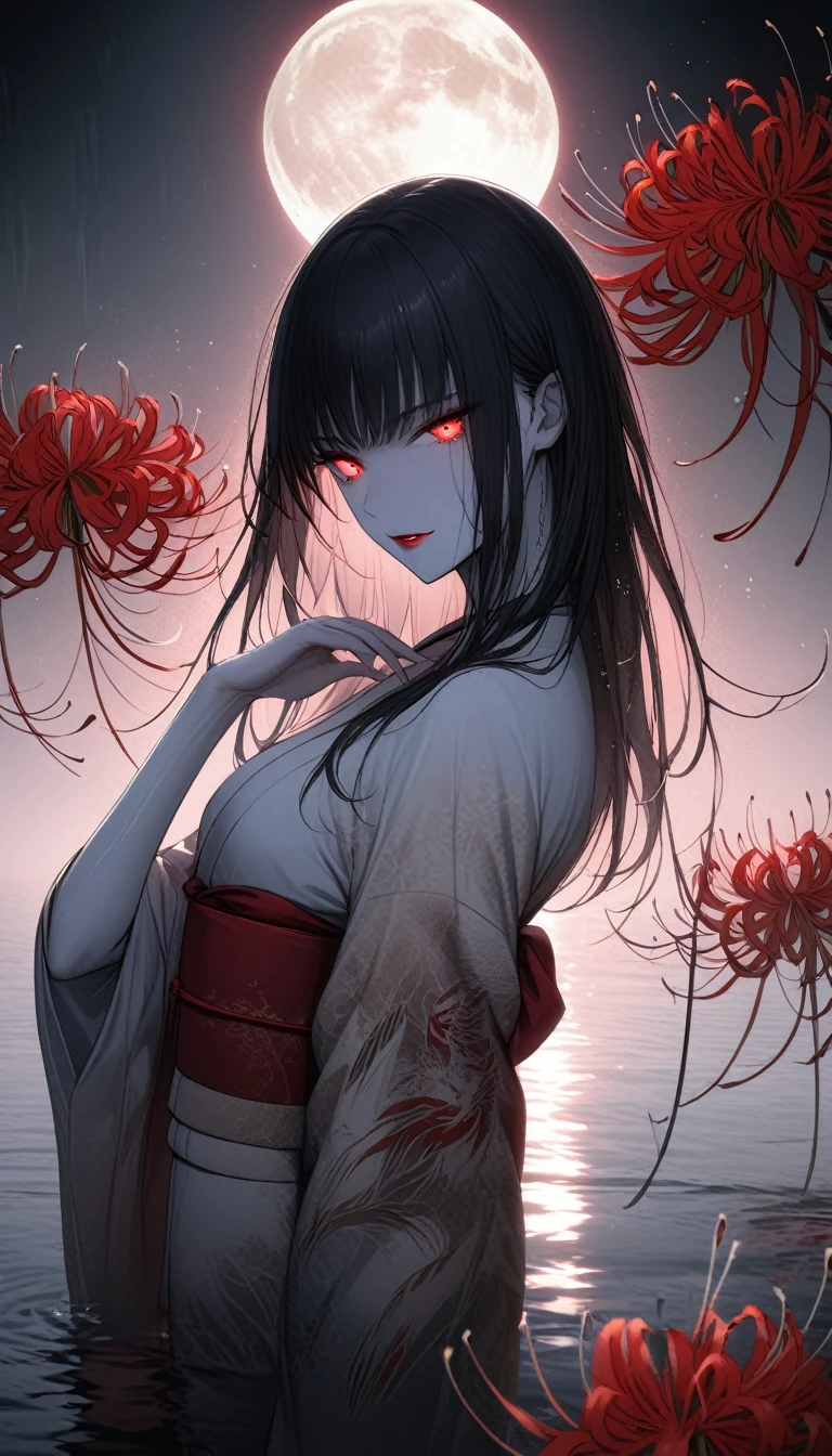 Black, white and red spider lilies in full bloom illuminated by the light of the full moon,A light-colored kimono that is so thin it is almost transparent,Beautiful long straight black hair,Red lipstick,A mysterious and seductive smile,Pale skin,Standing by the water,Take off your kimono and put your shoulders out,Beckon