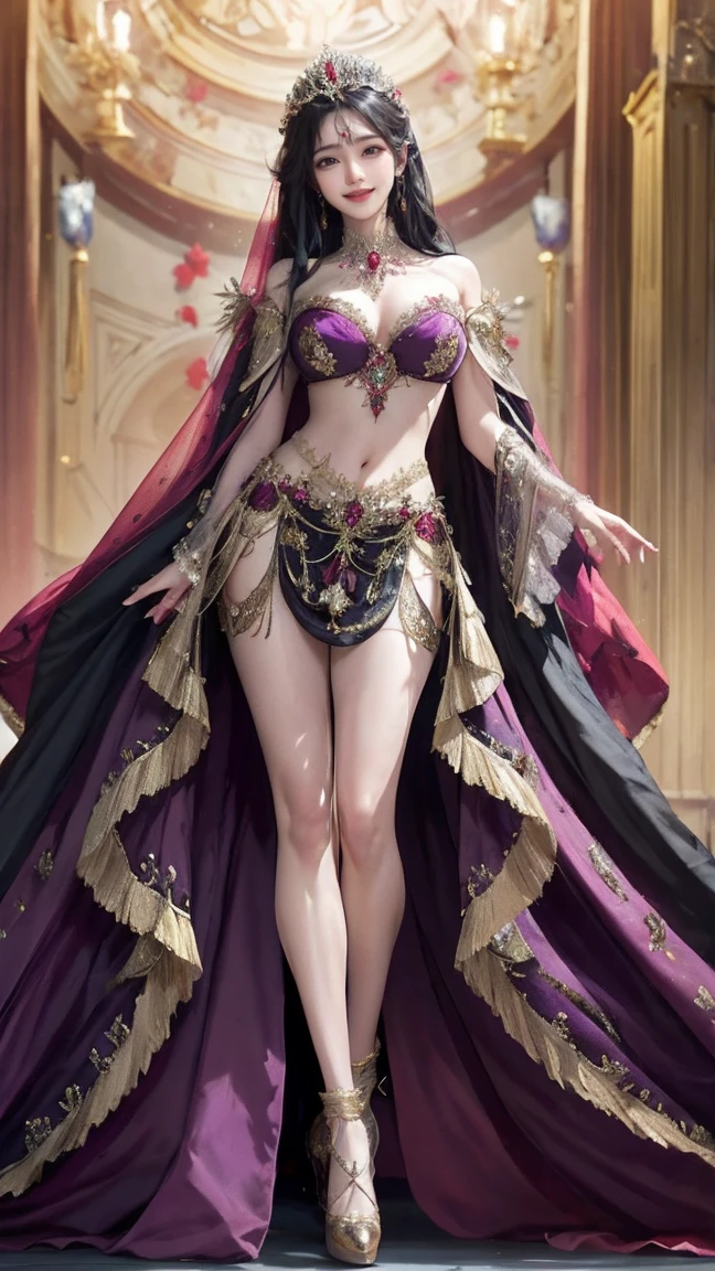  full body shot, masterpiece，Highest high resolutionDynamic bust of beautiful aristocratic maiden，Black hair elegantly coiled，Wearing a huge red crown，veils，Purple clear eyes，The hair is covered with beautiful and delicate floral craftsmanship, Crystal jewelry filigree，Ultra-detailed details，upscaled,