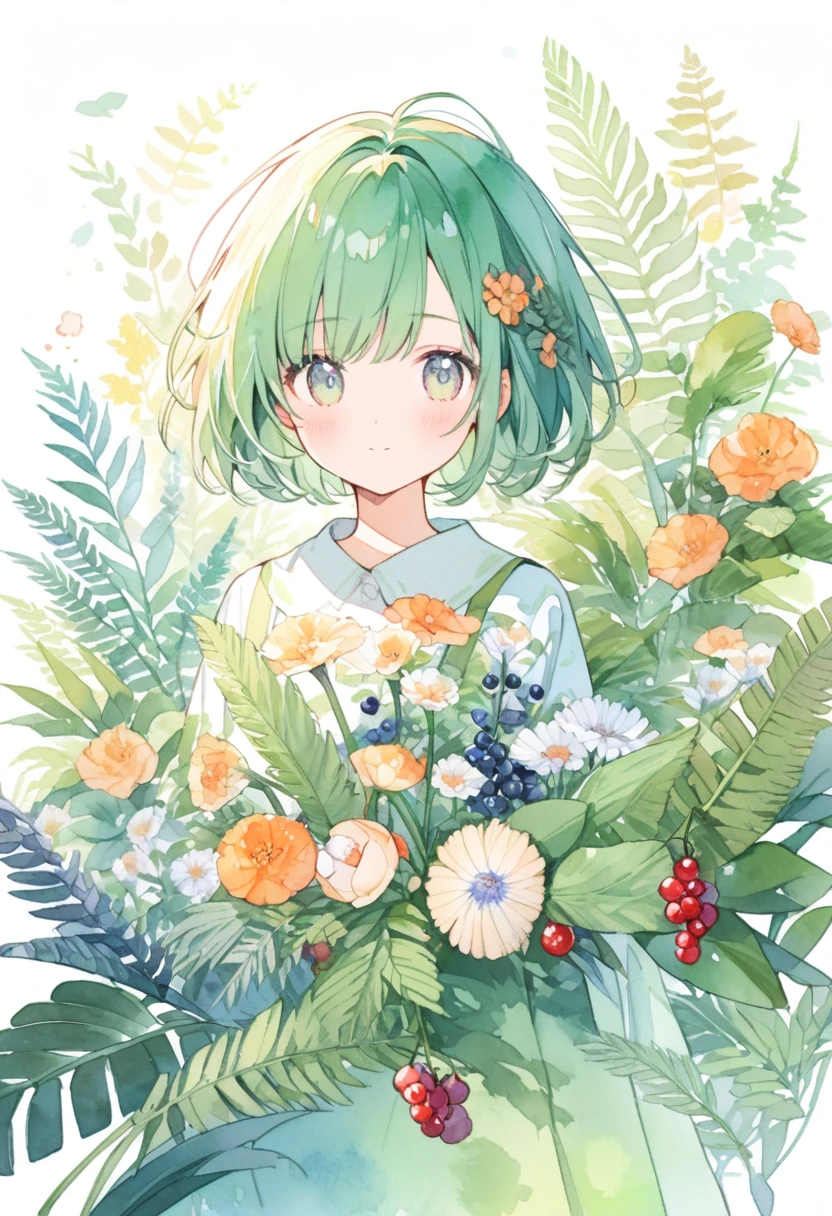 ((super detailed)beautiful flowers, berries, ferns, leaves, watercolor pattern of calming colors)(watercolor texture)(1girl, short hair, cute)