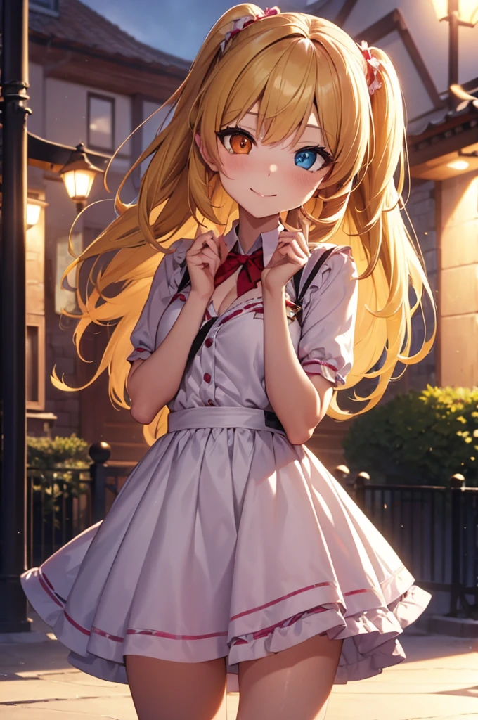 kobatohasegawa, kobato hasegawa, long hair, blonde hair, (red eyes:1.3), blue eyes, (heterochromia:1.5), two side up, BREAK a pink idol dress (idol dress) layered skirt, frills, ribbon, bow, sequins, smile, BREAK outdoors, trees, public park, bench , lamplight, flower bed, BREAK looking at viewer, (cowboy shot:1.5), BREAK (masterpiece:1.2), best quality, high resolution, unity 8k wallpaper, (illustration:0.8), (beautiful detailed eyes:1.6), extremely detailed face, perfect lighting, extremely detailed CG, (perfect hands, perfect anatomy),dynamic pose