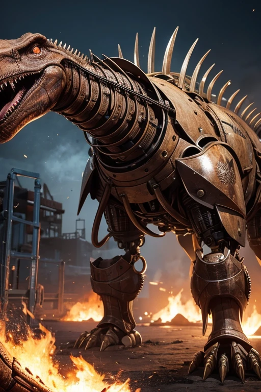 Mechanical anthropomorphic Dinosaur, gears, wires, metal plating, clock gears, electric wires, mechanical limbs, industrial body, metal skin, electricity, detailed face features, bronze light eyes, copper tubing, steam powered, photorealistic, 8k, high resolution, Transformers Grindor