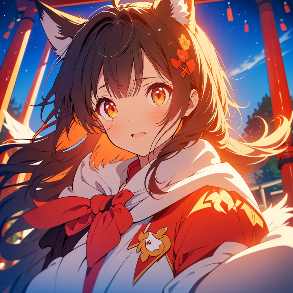 kawaii, anime, Cute, hyper quality, highly detailed, 8k, Clarity, Draw facial expressions in detail, Girl with long dark brown hair and green eyes, fox motif, Shikigami, follow the big wolf, Inciting point of view, white costume, red torii, a crow flaps its wings in the sky, red full moon, red sky, demon fox, nine tailed fox, 