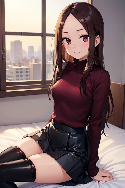 Takagi-san、Shiny brown hair, Long Hair,((Forehead、Center part))、 Beautiful brown eyes、smile、Sparkling eyes, (fine grain)、Very fine eye、Highly detailed face, Highly detailed eyes,


(masterpiece:1.3, Highest quality, 超High resolution, Super detailed), Cowboy Shot、 One woman，Highest quality, masterpiece, High resolution, 

 Beautiful illustrations, 
((abdomen, Long sleeve, Merlot Turtleneck Sweater, Black patent leather pleated mini skirt, Black thigh-high socks)), Light blue striped panties, 
(Beautiful views), evening, Modern, Sitting bed, Spread your legs, (かわいらしいsmile, Upward glance),