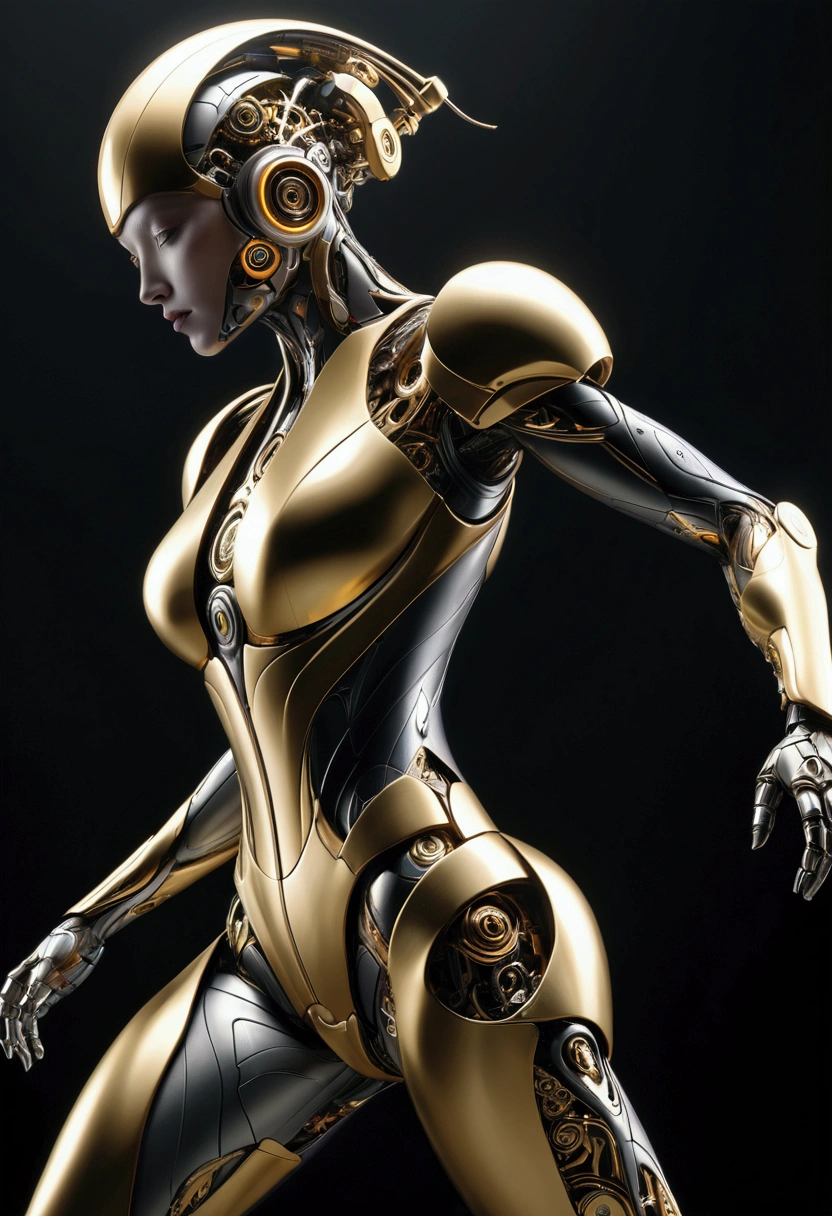 Sci-fi, cyberpunk, neon, near-future, dystopia, A woman wearing a full-face mechanical powered suit that shines dazzlingly with a golden metallic sheen from head to toe. Her face is not visible, but her body lines are feminine.